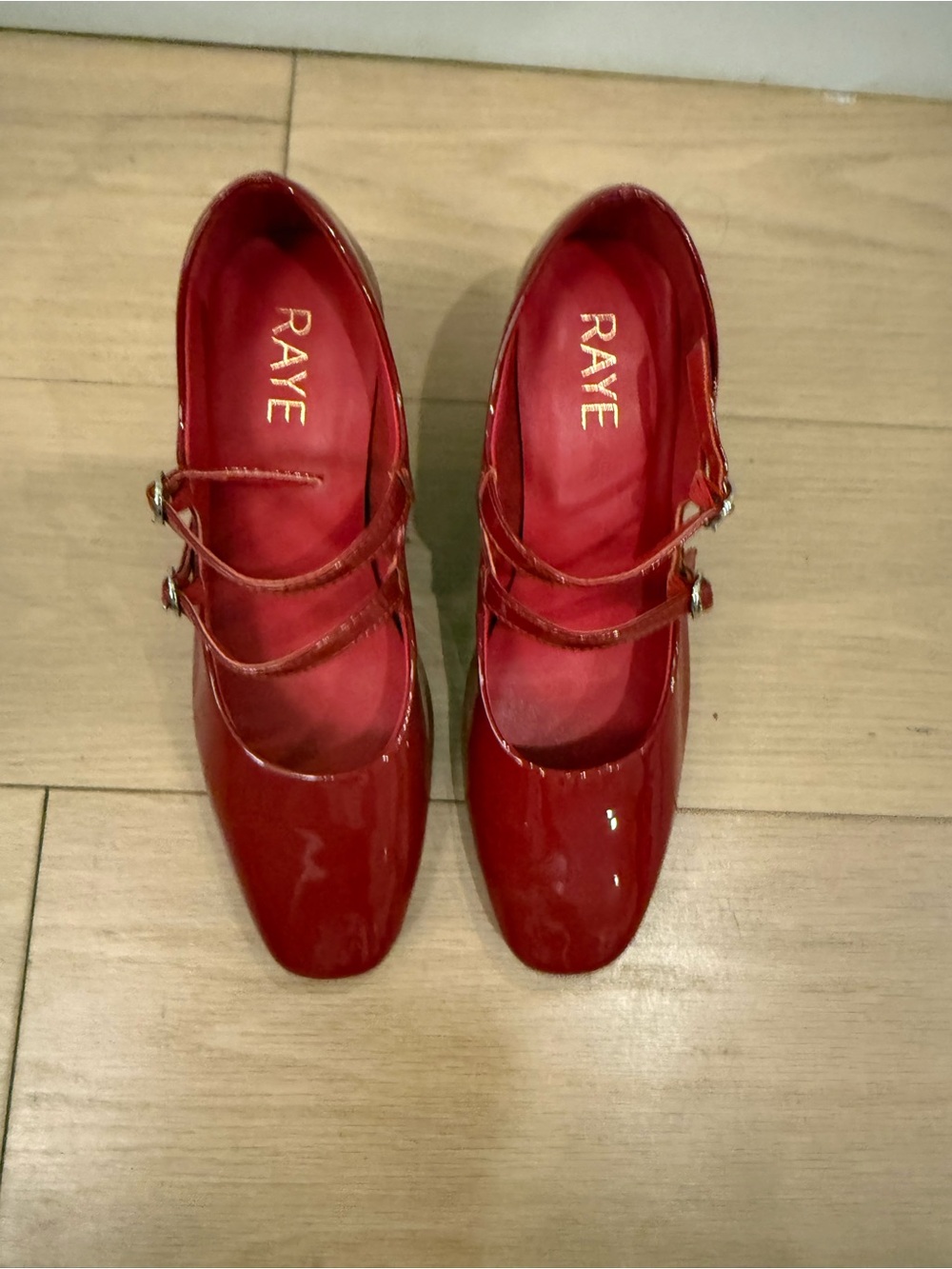 RAYE Cherry Red Patent Double-Strap Mary Jane Heels